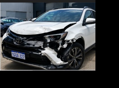Before: white Toyota RAV4 front-end collision damage at Paintworks Autobody Melbourne